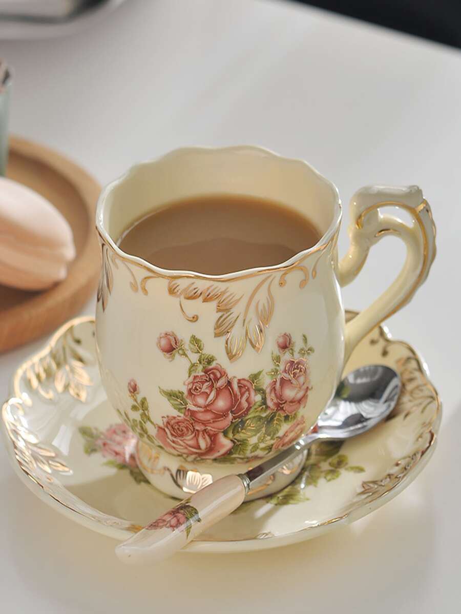 1pc Floral Pattern Mug & 1pc Saucer & 1pc Spoon - Multicolor - View 1