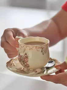 1pc Floral Pattern Mug & 1pc Saucer & 1pc Spoon - Multicolor - View 3