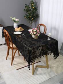 Floral Embroidered Tassel Decor Tablecloth - Black - View 1