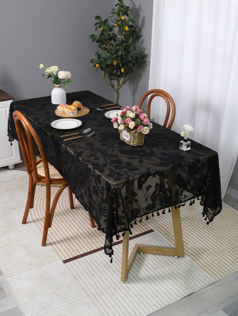 Floral Embroidered Tassel Decor Tablecloth - Black - View 1