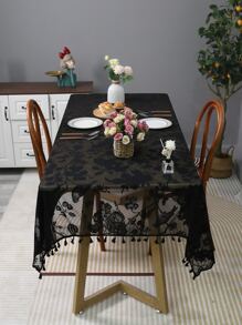 Floral Embroidered Tassel Decor Tablecloth - Black - View 3