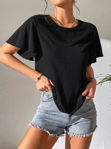 SHEIN Essnce Camiseta unicolor de manga mariposa - Negro - Ver 3
