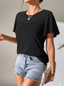 SHEIN Essnce Camiseta unicolor de manga mariposa - Negro - Ver 4