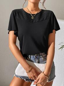 SHEIN Essnce Camiseta unicolor de manga mariposa - Negro - Ver 5