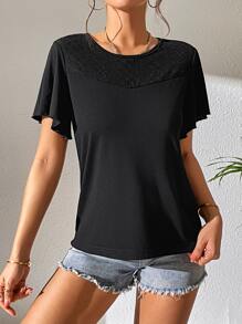 SHEIN Essnce Camiseta unicolor de manga mariposa - Negro - Ver 6