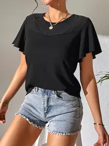 SHEIN Essnce Camiseta unicolor de manga mariposa - Negro - Ver 1