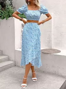 Breezaya Ditsy Floral Print Puff Sleeve Crop Blouse & Wrap Hem Skirt - Blue and White - View 4