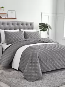 素色大號方形被子，壓花圖案和拼接3入組/套（1 被子和2 枕套）透氣、舒適、輕便素色床上用品套裝（藍色、灰色、白色、黑色、粉色）適合兒童、成人、學生、宿舍和現代住宅 - 灰色 - 查看 1