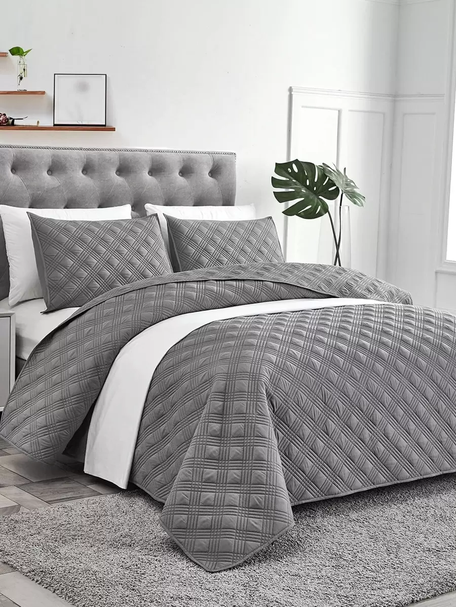 素色大號方形被子，壓花圖案和拼接3入組/套（1 被子和2 枕套）透氣、舒適、輕便素色床上用品套裝（藍色、灰色、白色、黑色、粉色）適合兒童、成人、學生、宿舍和現代住宅 - 灰色 - 查看 1