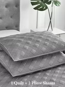 素色大號方形被子，壓花圖案和拼接3入組/套（1 被子和2 枕套）透氣、舒適、輕便素色床上用品套裝（藍色、灰色、白色、黑色、粉色）適合兒童、成人、學生、宿舍和現代住宅 - 灰色 - 查看 6