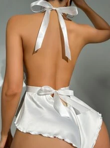 Open Back Contrast Lace Halter Teddy Bodysuit - White - View 2