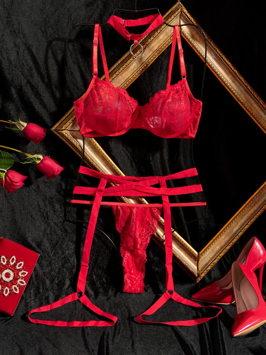 大碼花卉蕾絲鋼圈吊帶襪內衣套裝