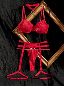 大碼花卉蕾絲鋼圈吊帶襪內衣套裝