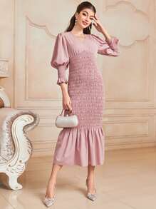 Modelyn Vestido de manga farol bajo con fruncido - Rosa Pálido - Ver 4