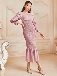 Modelyn Vestido de manga farol bajo con fruncido - Rosa Pálido - Ver 2