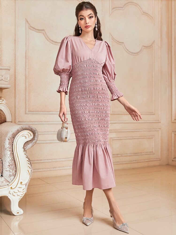 Modelyn Vestido de manga farol bajo con fruncido - Rosa Pálido - Añade 3