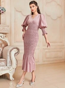 Modelyn Vestido de manga farol bajo con fruncido - Rosa Pálido - Ver 1