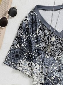 SHEIN LUNE Plus Mandala Print V Neck Tee - Multicolor - View 5