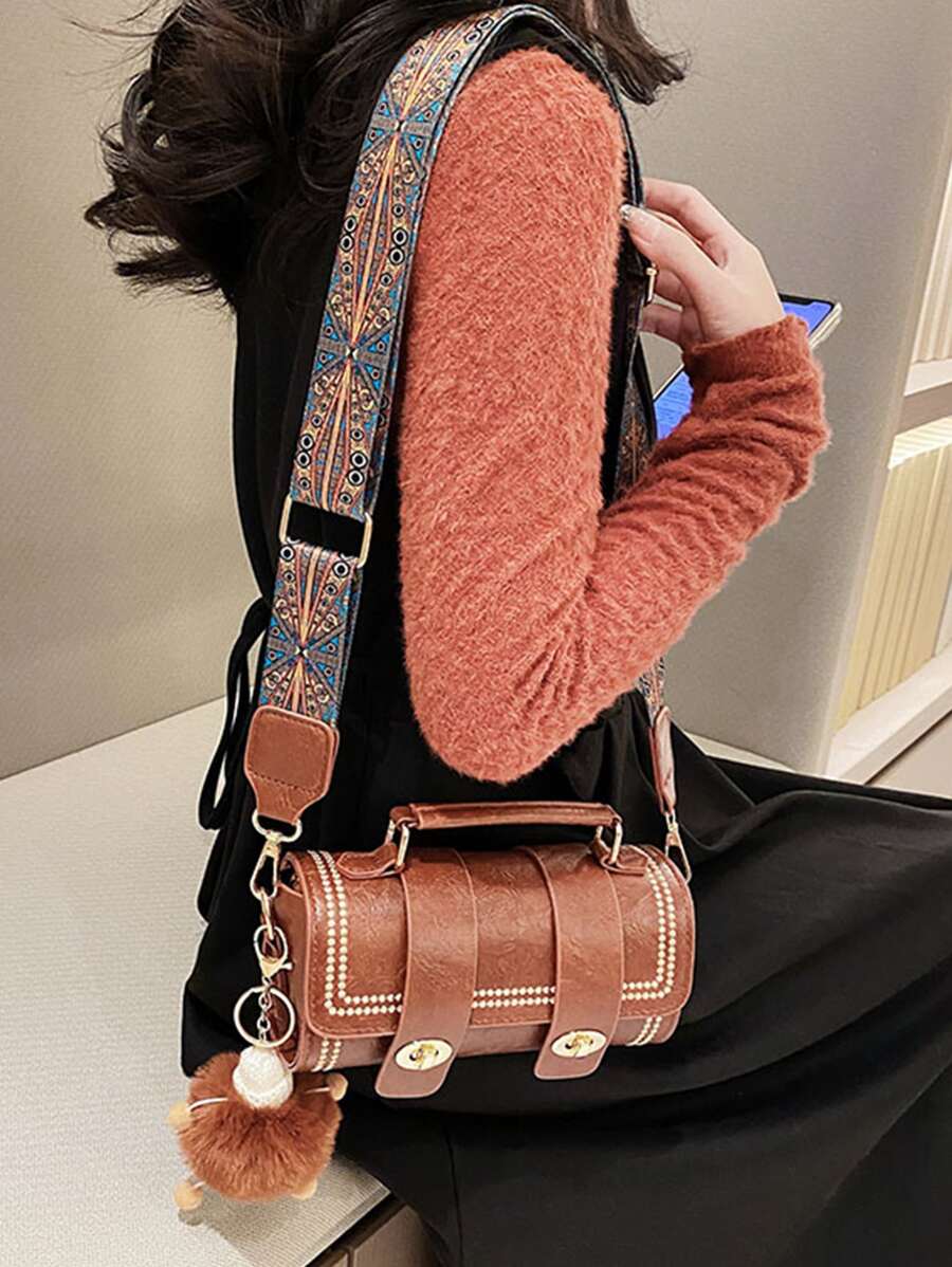 刺繡細節翻蓋手提包附包飾 - 棕色 - 查看 1