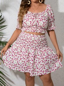 SHEIN VCAY Plus Ditsy Floral Print Tie Front Crop Top & Skirt - Multicolor - View 1