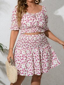 SHEIN VCAY Plus Ditsy Floral Print Tie Front Crop Top & Skirt - Multicolor - View 3