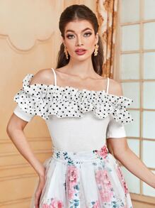Modelyn 1pc Polka Dot Ruffle Trim Cold Shoulder Tee - White - View 1