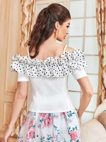 Modelyn 1pc Polka Dot Ruffle Trim Cold Shoulder Tee - White - View 2