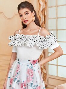 Modelyn 1pc Polka Dot Ruffle Trim Cold Shoulder Tee - White - View 5