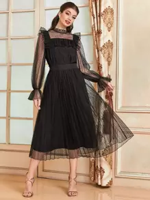 Modelyn 1入組荷葉邊荷葉袖網紗上衣和裙子套裝 - 黑色 - 查看 1