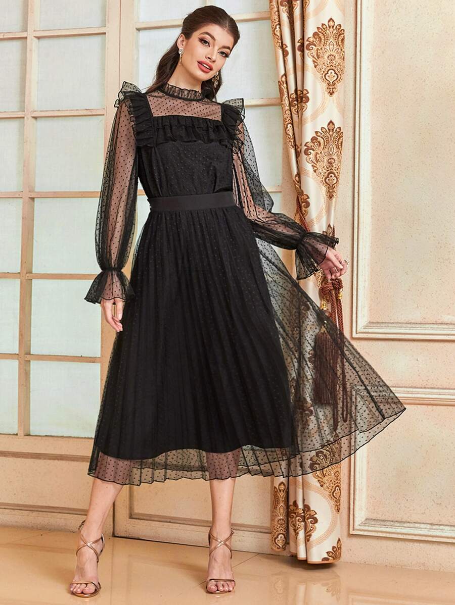 Modelyn 1入組荷葉邊荷葉袖網紗上衣和裙子套裝 - 黑色 - 查看 1