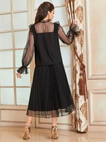 Modelyn 1入組荷葉邊荷葉袖網紗上衣和裙子套裝 - 黑色 - 查看 2