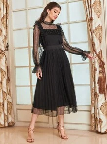 Modelyn 1入組荷葉邊荷葉袖網紗上衣和裙子套裝 - 黑色 - 查看 4