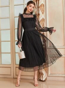 Modelyn 1入組荷葉邊荷葉袖網紗上衣和裙子套裝 - 黑色 - 查看 5