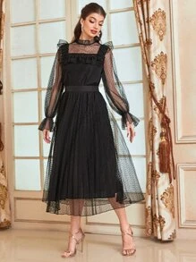 Modelyn 1入組荷葉邊荷葉袖網紗上衣和裙子套裝 - 黑色 - 查看 7