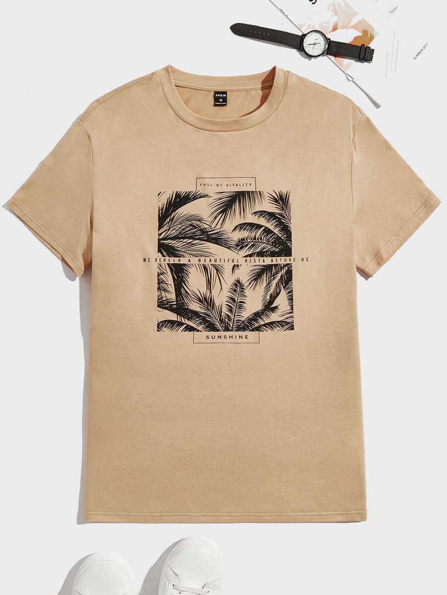 Manfinity Men Slogan & Tropical Print Tee - Khaki - View 1