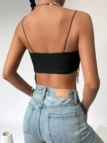 SHEIN BAE Rhinestone Fringe Trim Crop Cami Top - Black - View 2