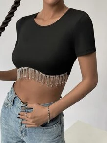 SHEIN BAE Rhinestone Fringe Hem Crop Top - Black - View 4