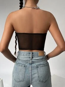 SHEIN Privé Rhinestone Detail Bustier Mesh Tube Top - Black - View 2