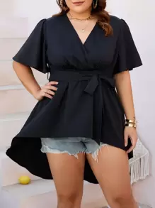 SHEIN LUNE Plus Butterfly Sleeve High Low Hem Belted Blouse - Black - View 1