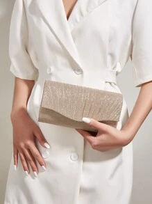 Glitter Ruched Detail Flap Square Bag - Champagne - View 1