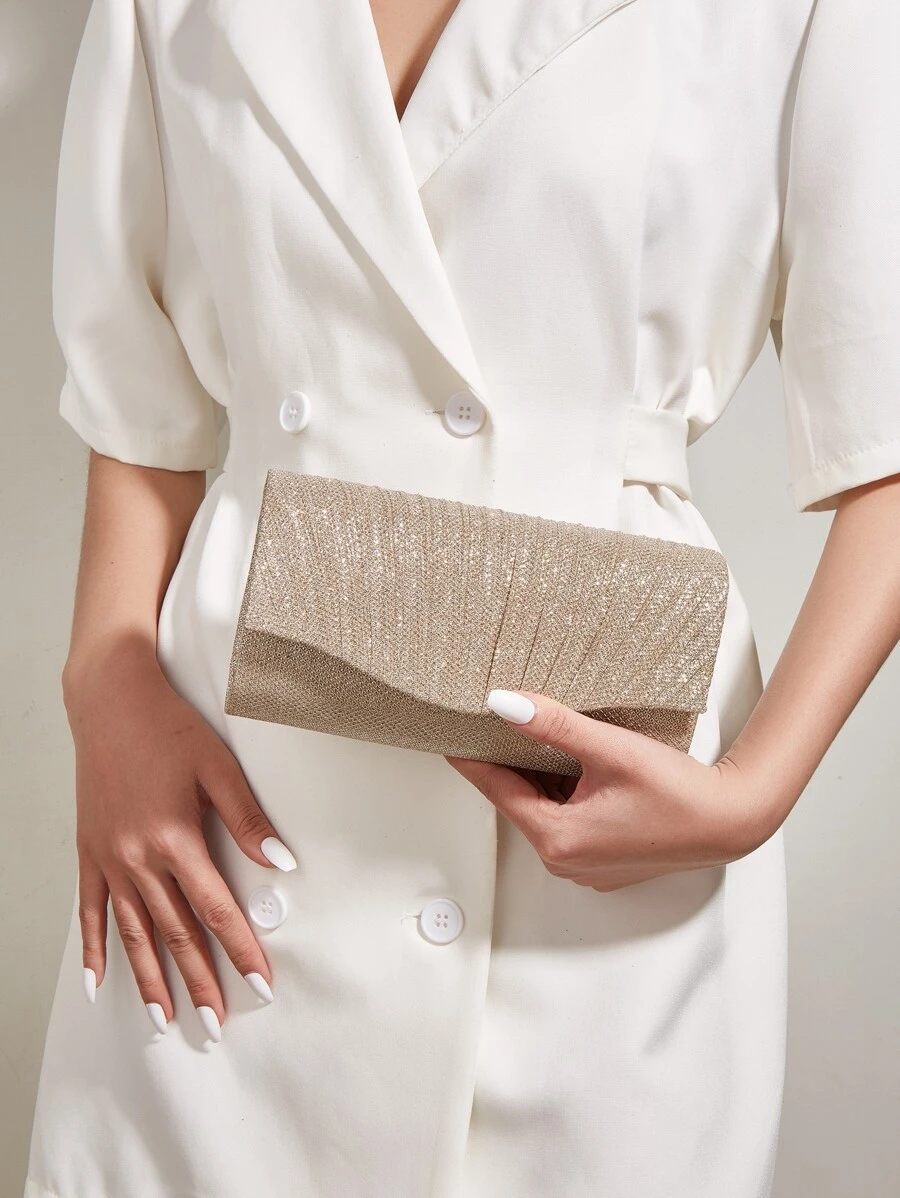 Glitter Ruched Detail Flap Square Bag - Champagne - View 1