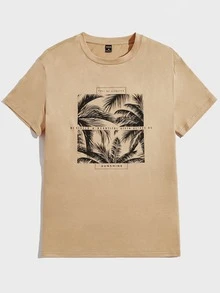 Manfinity Men Slogan & Tropical Print Tee - Khaki - View 5