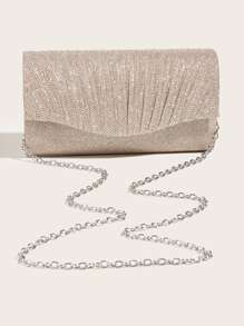 Glitter Ruched Detail Flap Square Bag - Champagne - View 2