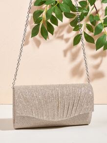Glitter Ruched Detail Flap Square Bag - Champagne - View 3