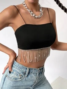 SHEIN BAE Rhinestone Fringe Trim Crop Cami Top - Black - View 5