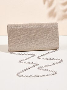 Glitter Ruched Detail Flap Square Bag - Champagne - View 5