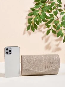 Glitter Ruched Detail Flap Square Bag - Champagne - View 7