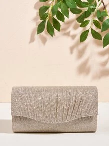 Glitter Ruched Detail Flap Square Bag - Champagne - View 8