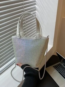 迷你鉚釘裝飾鏈條水桶包 - 白色 - 查看 1