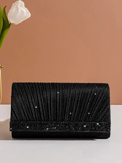 Plisserad kuvertväska med strassdekor, elegant handväska för fest och evenemang, trendig axelväska med axelrem och kedjekedja
